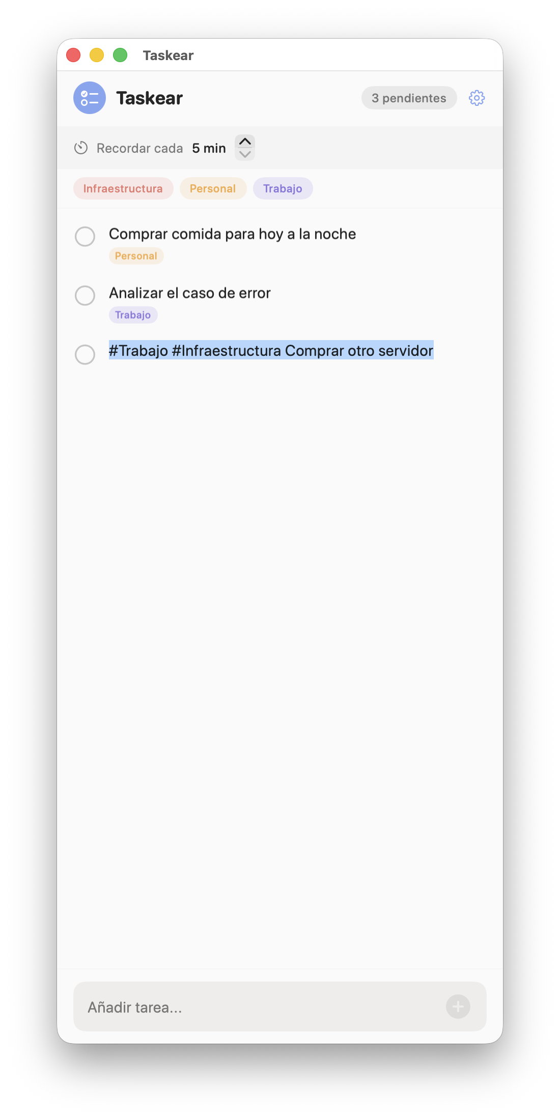 Vista principal de Taskear con categorías y recordatorios